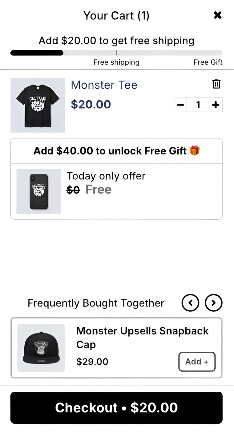 Monster Cart drawer showing a free-shipping progress bar, an unlocked free gift, frequently bought together and checkout